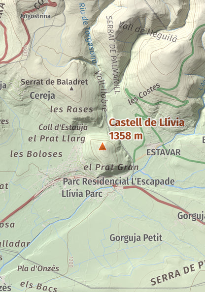 Mapa de relieve de Castell de Llívia, 1358 m, Cerdanya, lámina 100 Cims de Trobart. Detalle de la zona central. 21 × 30 cm.