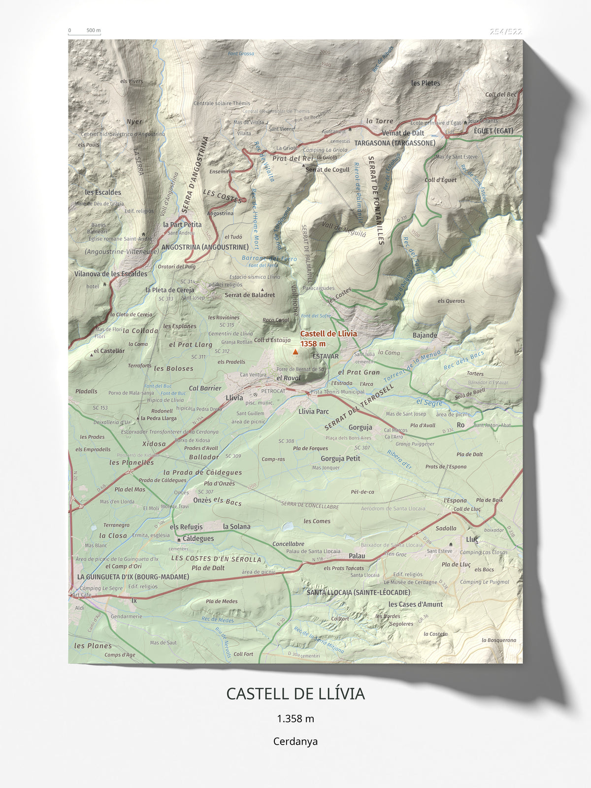 Mapa de relieve de Castell de Llívia, 1358 m, Cerdanya, lámina 100 Cims de Trobart 30 × 40 cm.