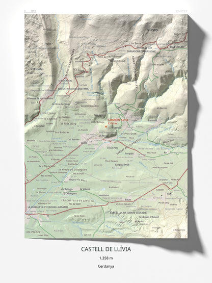 Mapa de relieve de Castell de Llívia, 1358 m, Cerdanya, lámina 100 Cims de Trobart 30 × 40 cm.