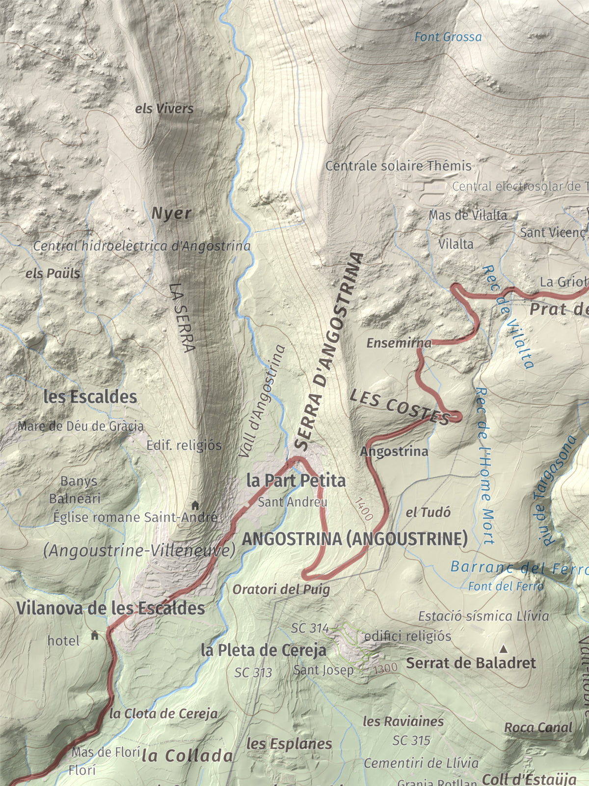 Mapa de relieve de Castell de Llívia, 1358 m, Cerdanya, lámina 100 Cims de Trobart. Detalle de la zona superior izquierda. 30 × 40 cm.