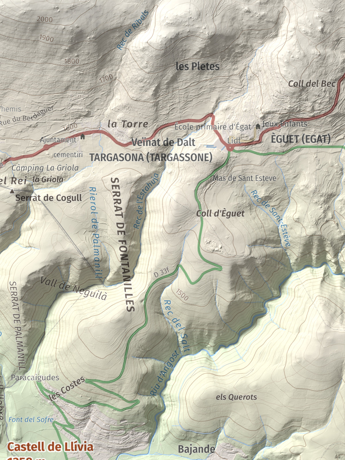 Mapa de relieve de Castell de Llívia, 1358 m, Cerdanya, lámina 100 Cims de Trobart. Detalle de la zona superior derecha. 30 × 40 cm.