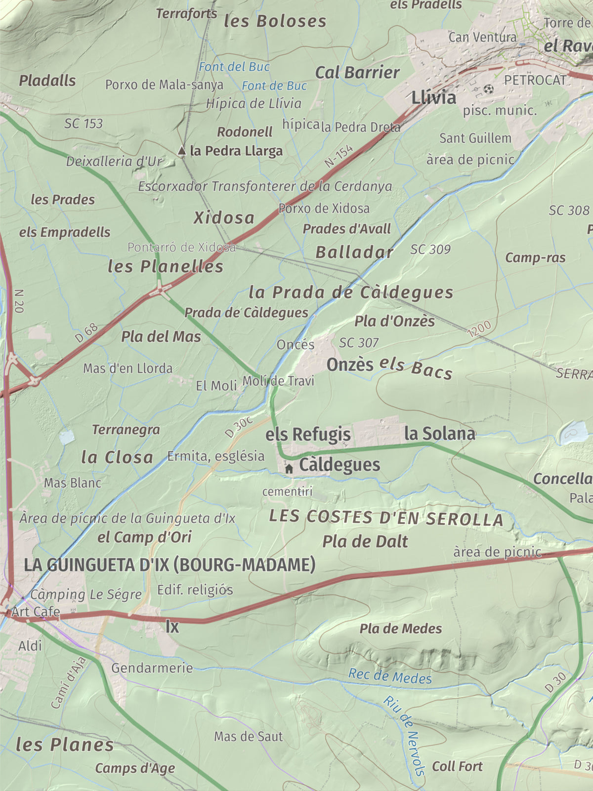 Mapa de relieve de Castell de Llívia, 1358 m, Cerdanya, lámina 100 Cims de Trobart. Detalle de la zona inferior izquierda. 30 × 40 cm.