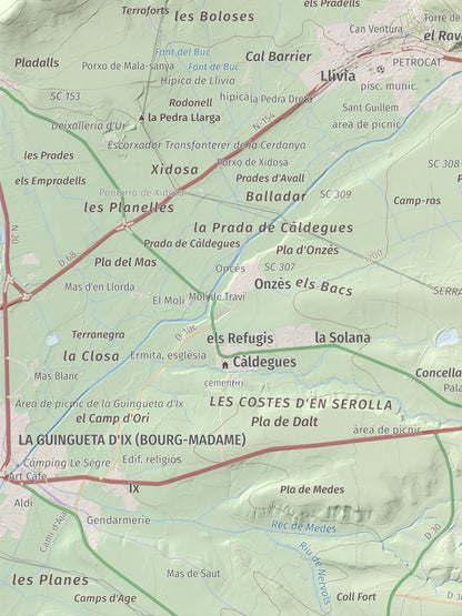 Mapa de relieve de Castell de Llívia, 1358 m, Cerdanya, lámina 100 Cims de Trobart. Detalle de la zona inferior izquierda. 30 × 40 cm.