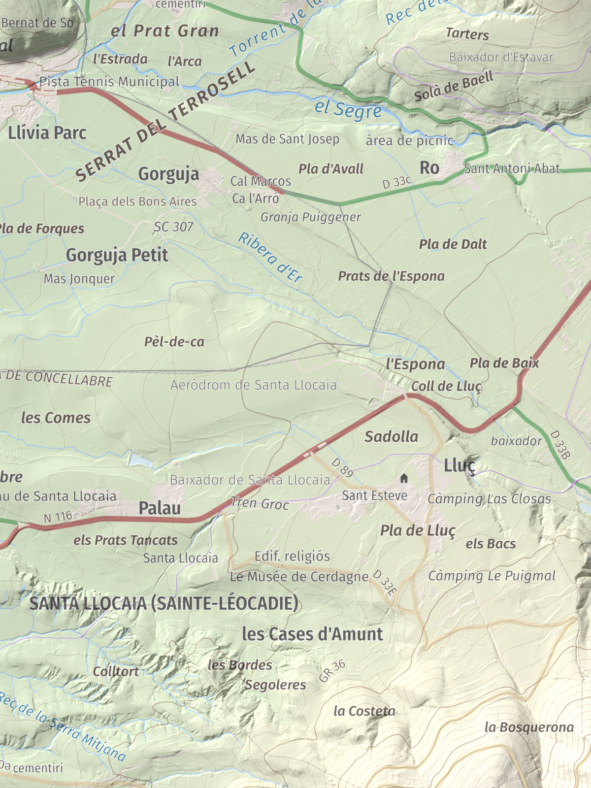 Mapa de relieve de Castell de Llívia, 1358 m, Cerdanya, lámina 100 Cims de Trobart. Detalle de la zona inferior derecha. 30 × 40 cm.