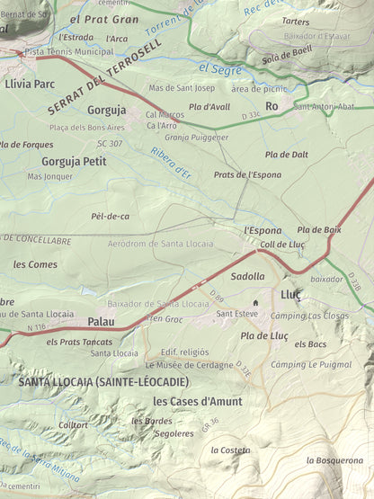 Mapa de relieve de Castell de Llívia, 1358 m, Cerdanya, lámina 100 Cims de Trobart. Detalle de la zona inferior derecha. 30 × 40 cm.