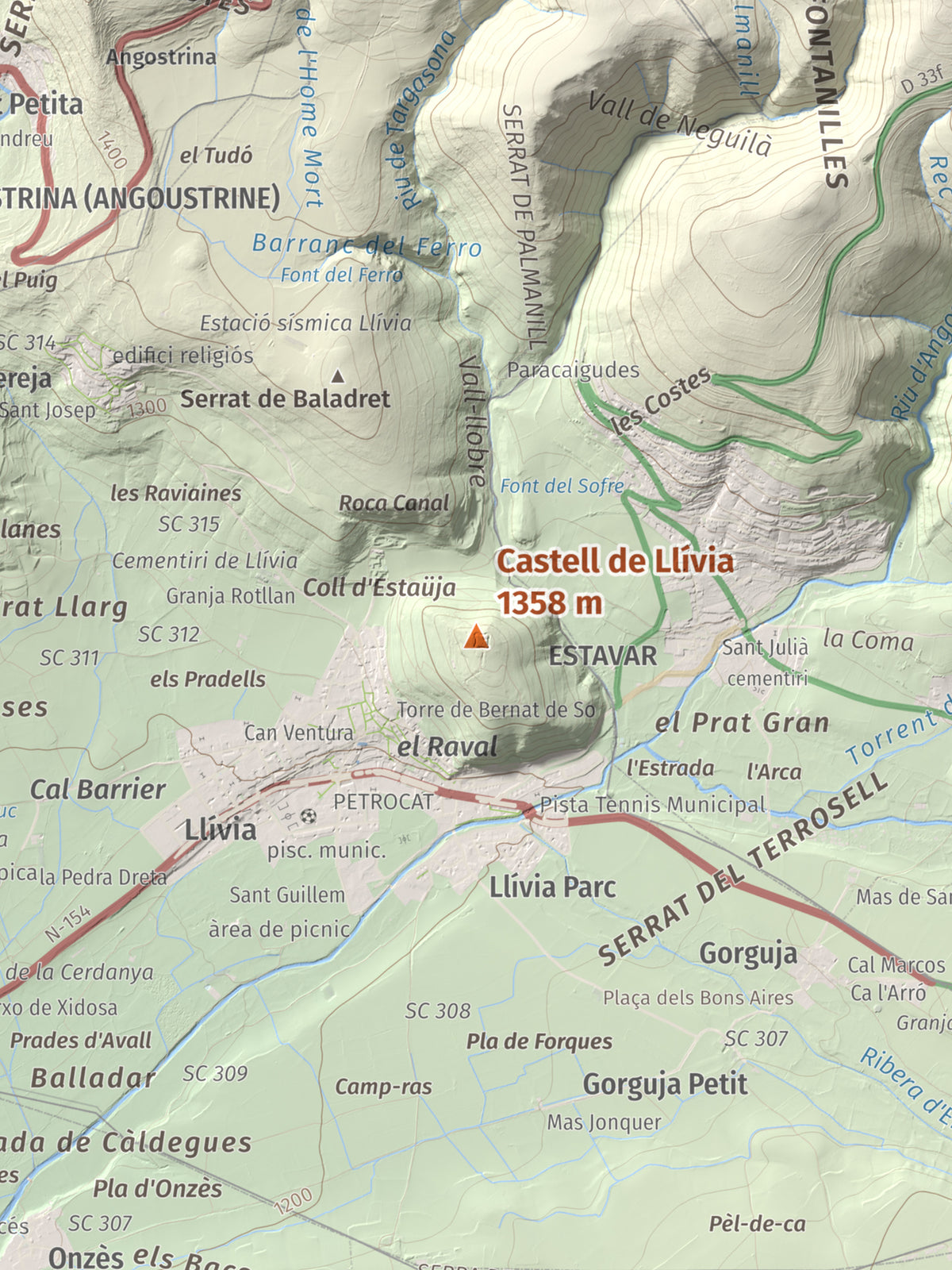 Mapa de relieve de Castell de Llívia, 1358 m, Cerdanya, lámina 100 Cims de Trobart. Detalle de la zona central. 30 × 40 cm.