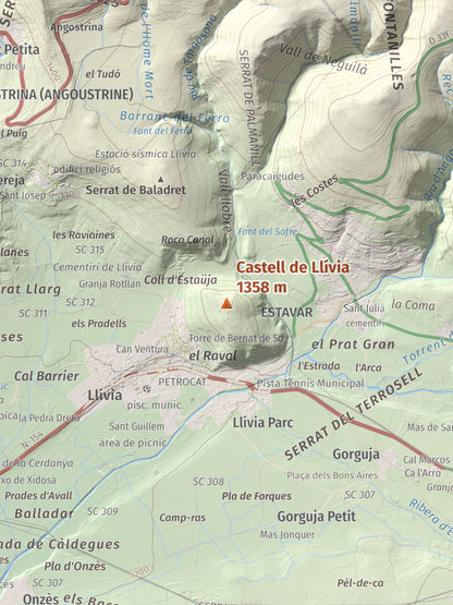 Mapa de relieve de Castell de Llívia, 1358 m, Cerdanya, lámina 100 Cims de Trobart. Detalle de la zona central. 30 × 40 cm.