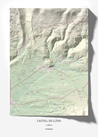 Mapa de relieve de Castell de Llívia, 1358 m, Cerdanya, lámina 100 Cims de Trobart 50 × 70 cm.