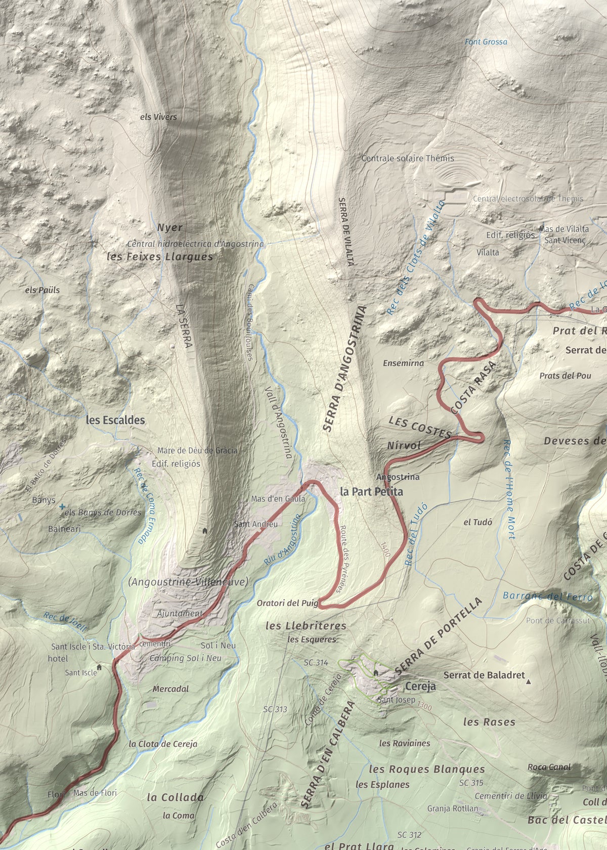 Mapa de relieve de Castell de Llívia, 1358 m, Cerdanya, lámina 100 Cims de Trobart. Detalle de la zona superior izquierda. 50 × 70 cm.
