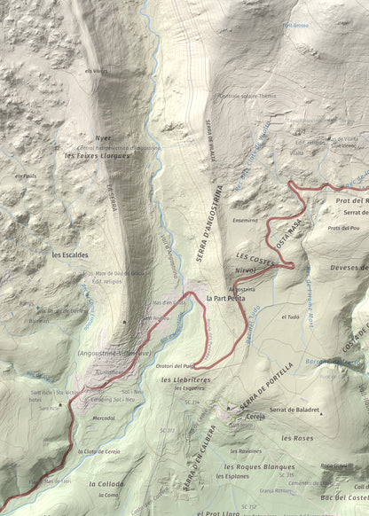 Mapa de relieve de Castell de Llívia, 1358 m, Cerdanya, lámina 100 Cims de Trobart. Detalle de la zona superior izquierda. 50 × 70 cm.