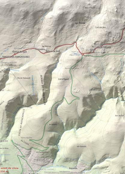 Mapa de relieve de Castell de Llívia, 1358 m, Cerdanya, lámina 100 Cims de Trobart. Detalle de la zona superior derecha. 50 × 70 cm.