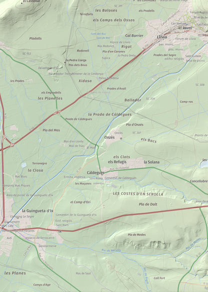 Mapa de relieve de Castell de Llívia, 1358 m, Cerdanya, lámina 100 Cims de Trobart. Detalle de la zona inferior izquierda. 50 × 70 cm.