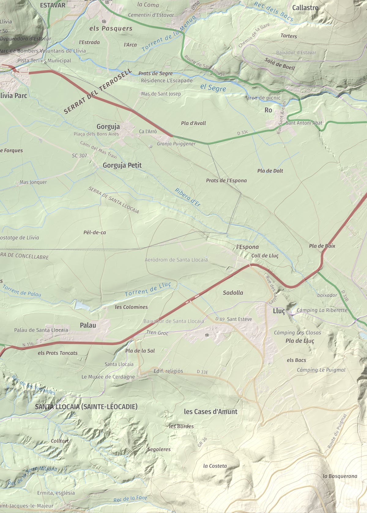 Mapa de relieve de Castell de Llívia, 1358 m, Cerdanya, lámina 100 Cims de Trobart. Detalle de la zona inferior derecha. 50 × 70 cm.