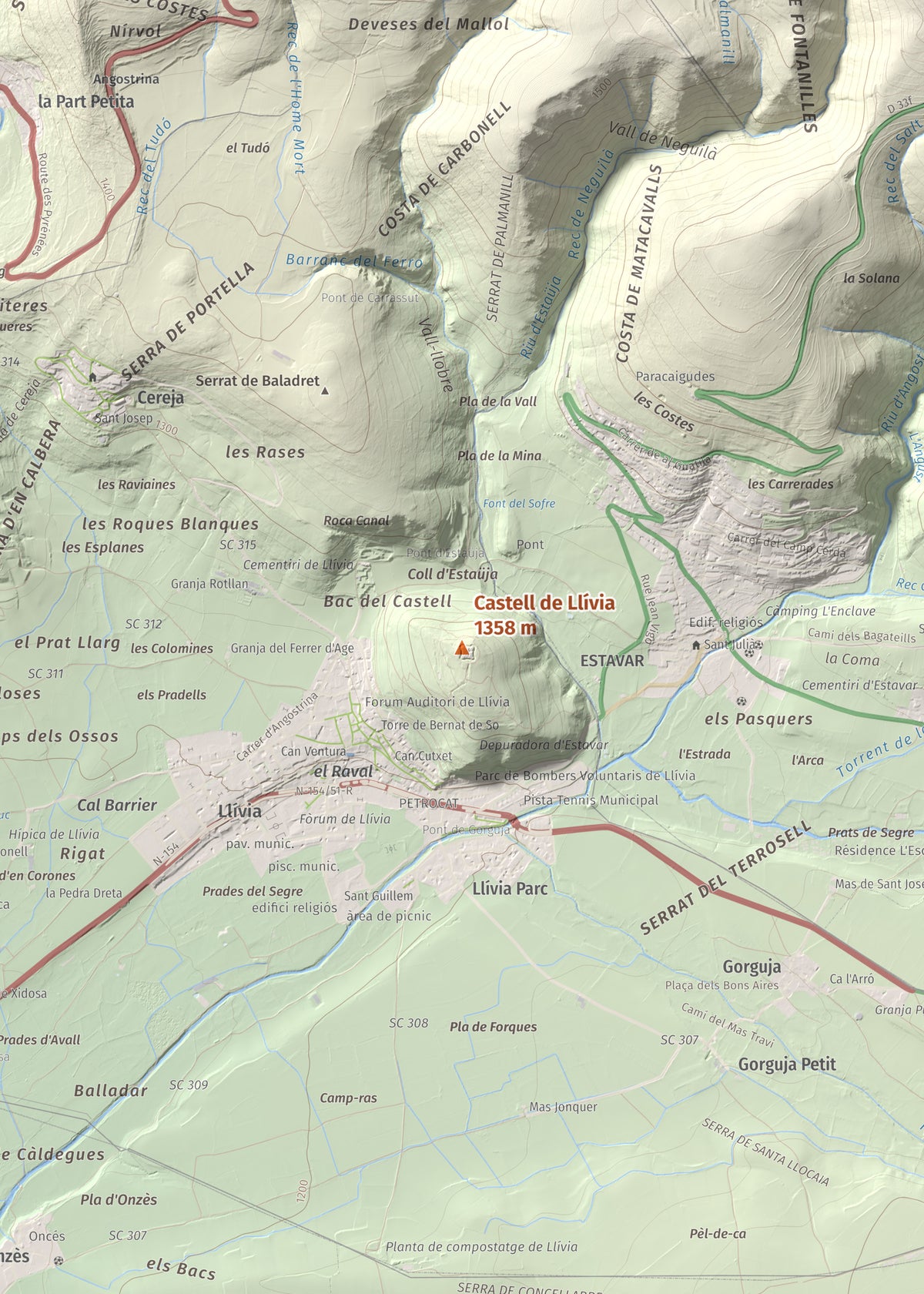 Mapa de relieve de Castell de Llívia, 1358 m, Cerdanya, lámina 100 Cims de Trobart. Detalle de la zona central. 50 × 70 cm.