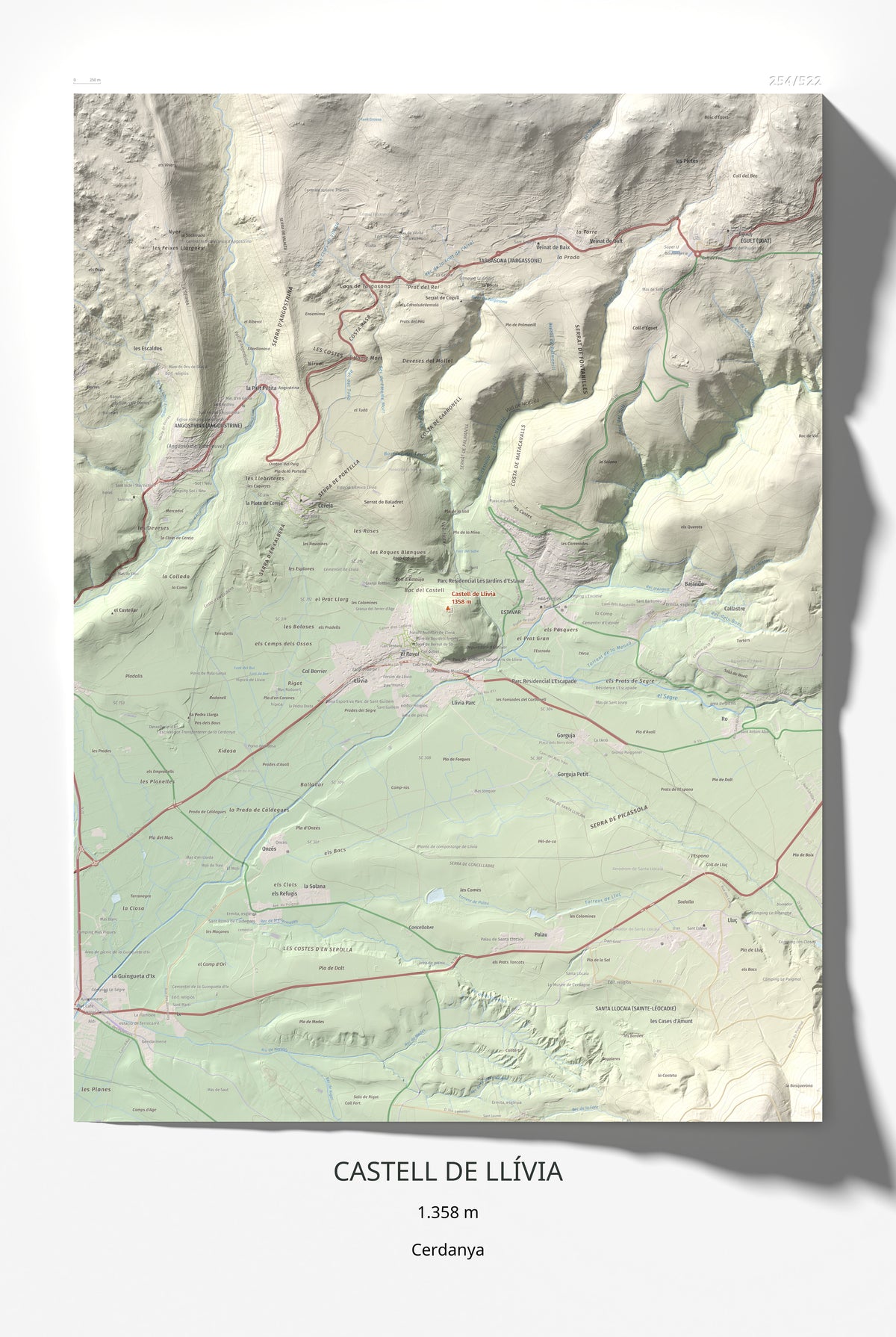 Mapa de relieve de Castell de Llívia, 1358 m, Cerdanya, lámina 100 Cims de Trobart 61 × 91 cm.
