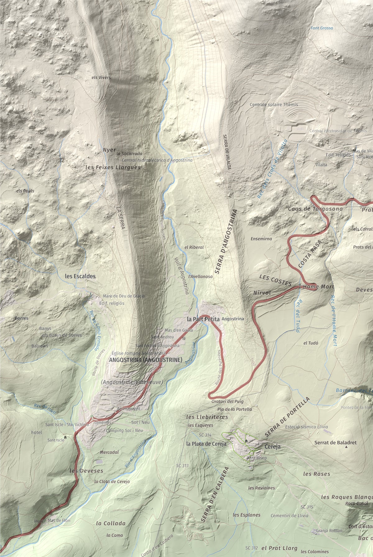 Mapa de relieve de Castell de Llívia, 1358 m, Cerdanya, lámina 100 Cims de Trobart. Detalle de la zona superior izquierda. 61 × 91 cm.