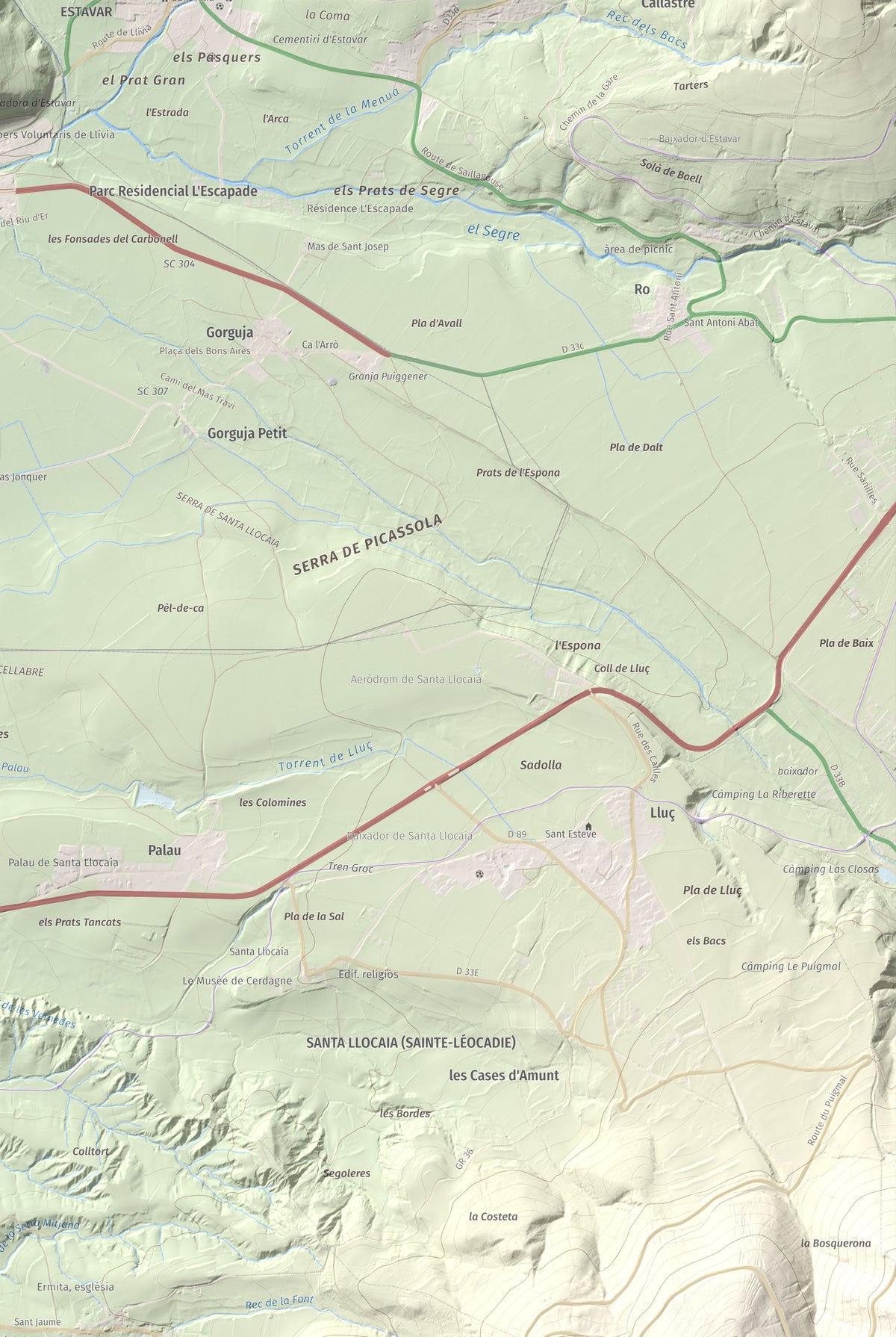 Mapa de relieve de Castell de Llívia, 1358 m, Cerdanya, lámina 100 Cims de Trobart. Detalle de la zona inferior derecha. 61 × 91 cm.