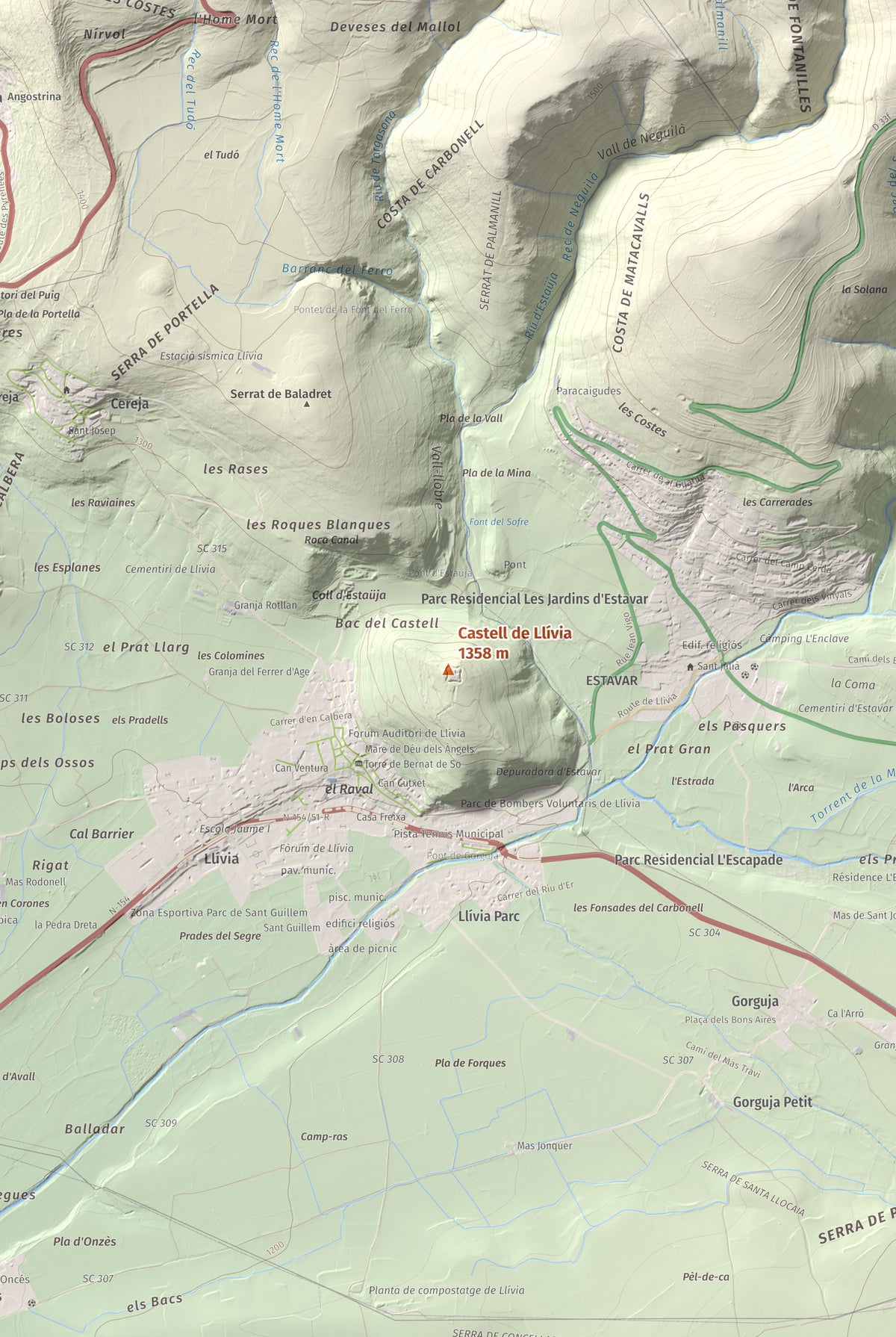 Mapa de relieve de Castell de Llívia, 1358 m, Cerdanya, lámina 100 Cims de Trobart. Detalle de la zona central. 61 × 91 cm.