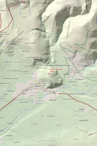 Mapa de relieve de Castell de Llívia, 1358 m, Cerdanya, lámina 100 Cims de Trobart. Detalle de la zona central. 61 × 91 cm.