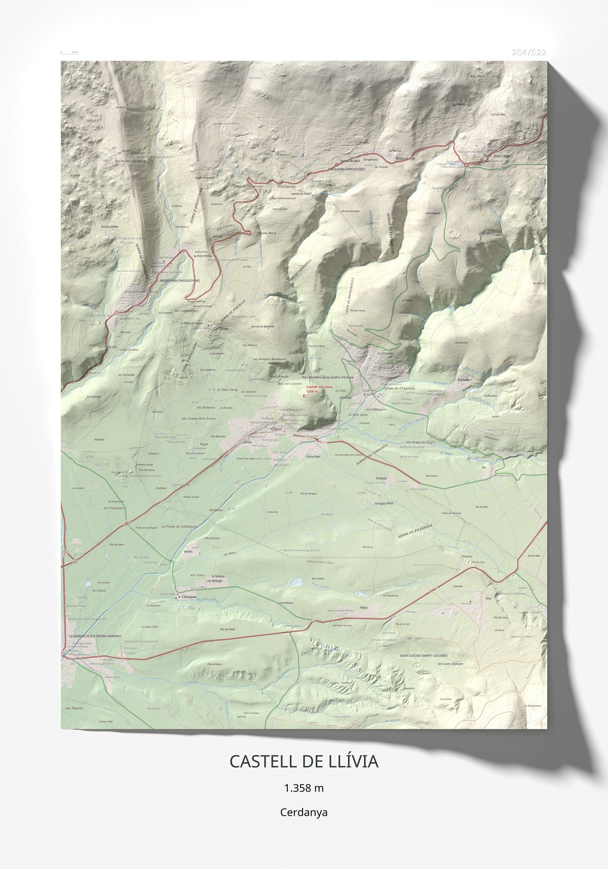 Mapa de relieve de Castell de Llívia, 1358 m, Cerdanya, lámina 100 Cims de Trobart 70 × 100 cm.