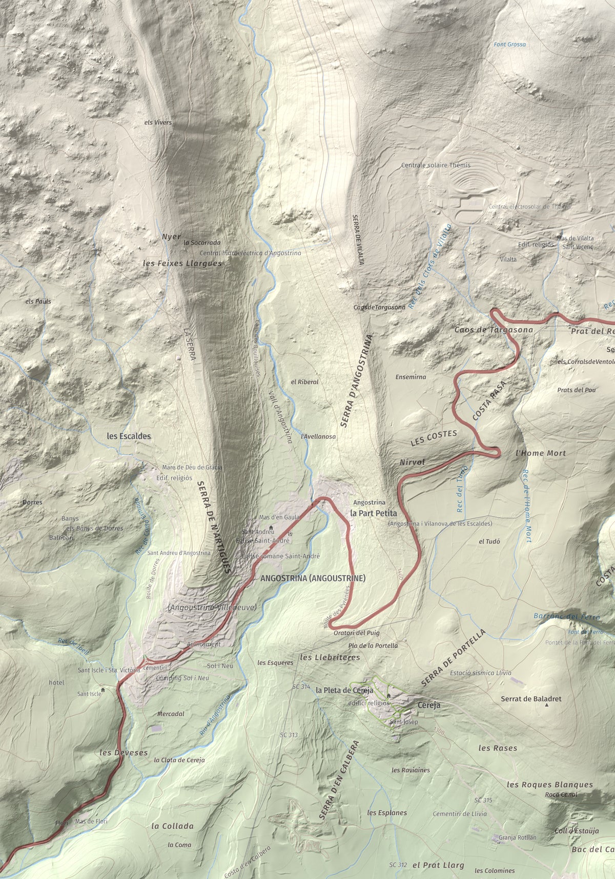 Mapa de relieve de Castell de Llívia, 1358 m, Cerdanya, lámina 100 Cims de Trobart. Detalle de la zona superior izquierda. 70 × 100 cm.
