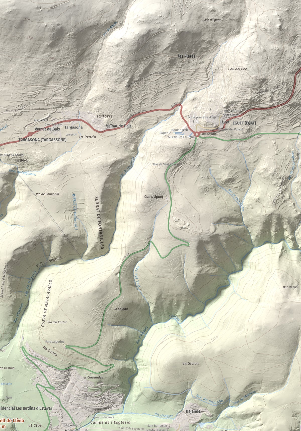 Mapa de relieve de Castell de Llívia, 1358 m, Cerdanya, lámina 100 Cims de Trobart. Detalle de la zona superior derecha. 70 × 100 cm.