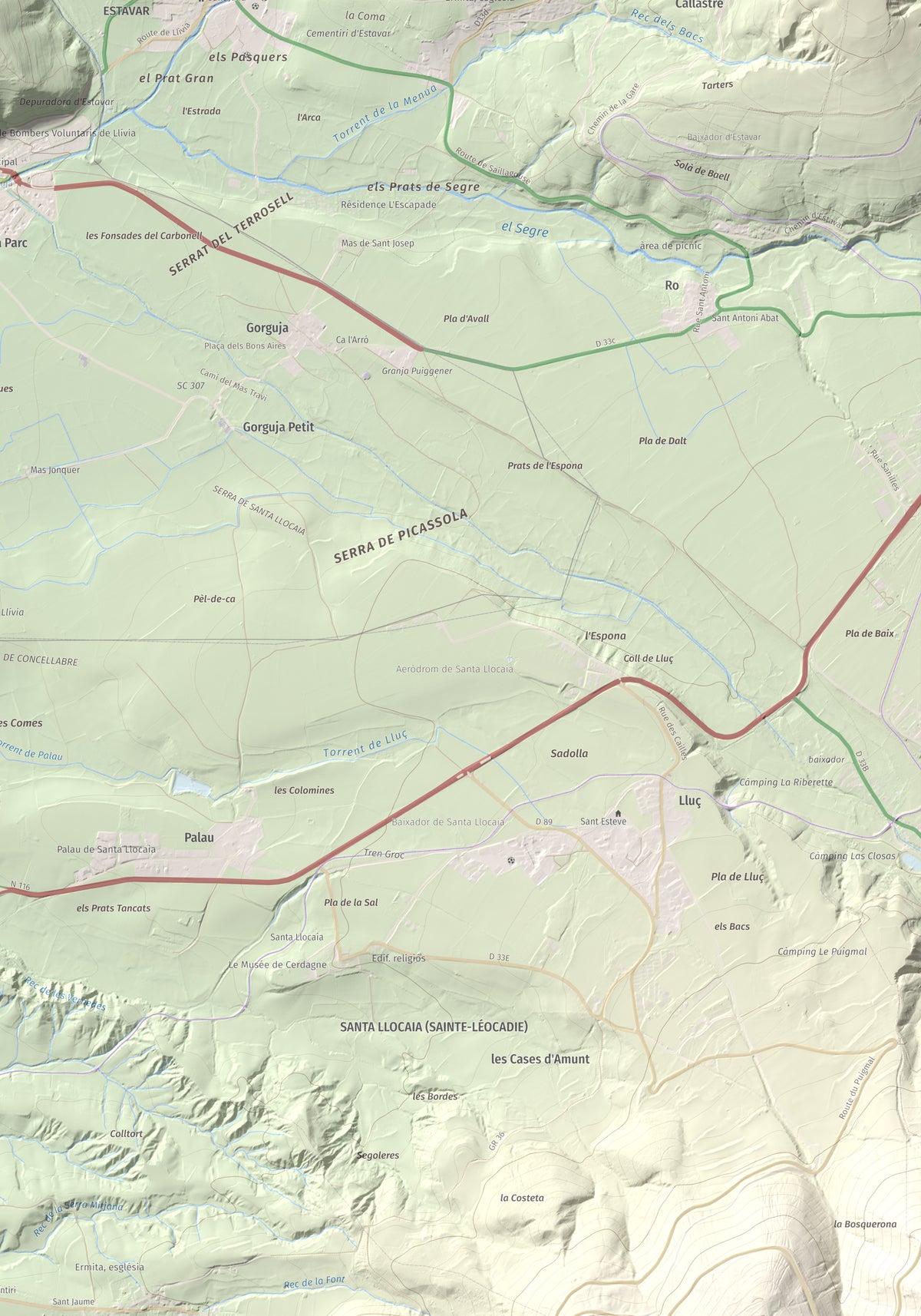 Mapa de relieve de Castell de Llívia, 1358 m, Cerdanya, lámina 100 Cims de Trobart. Detalle de la zona inferior derecha. 70 × 100 cm.