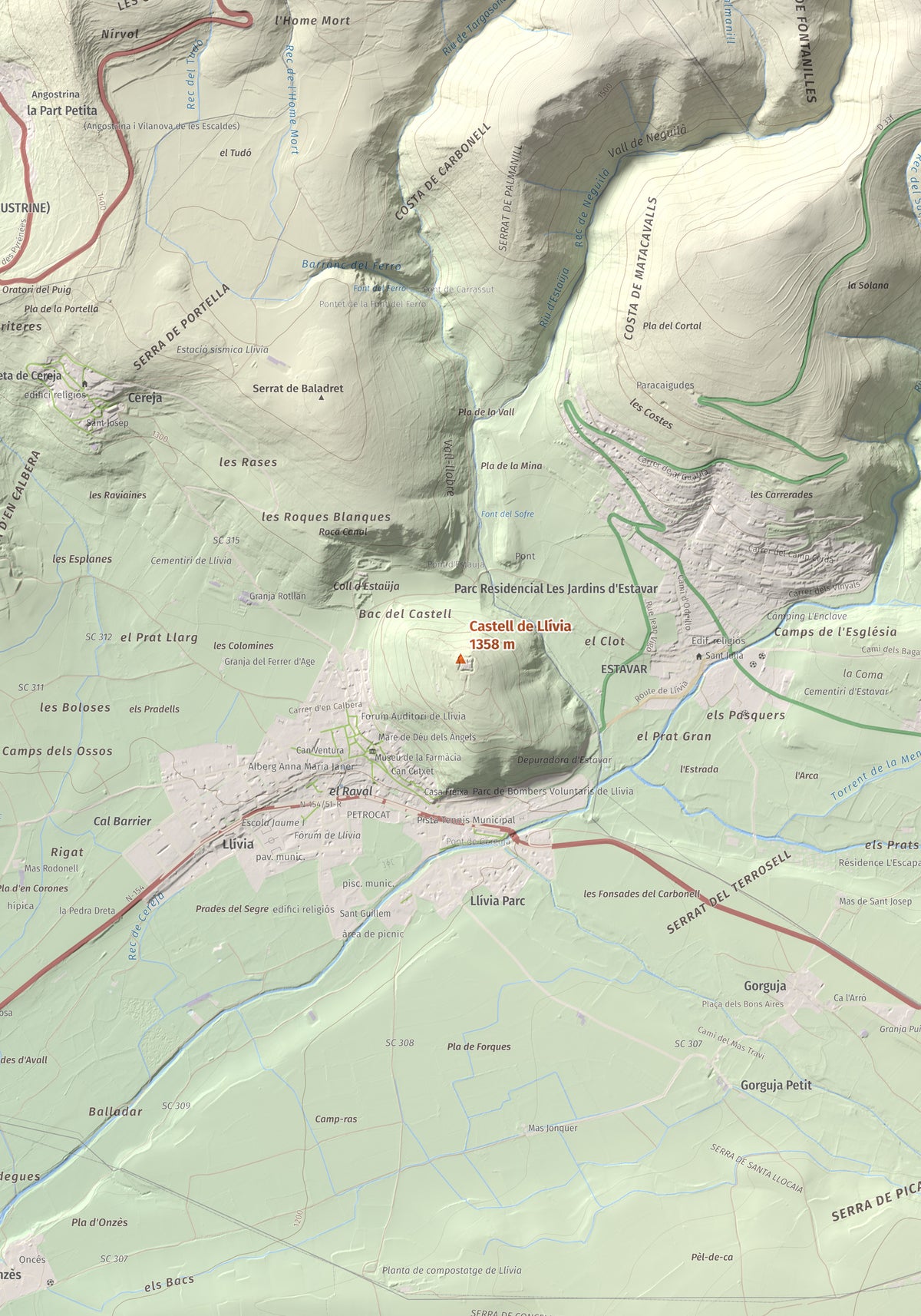 Mapa de relieve de Castell de Llívia, 1358 m, Cerdanya, lámina 100 Cims de Trobart. Detalle de la zona central. 70 × 100 cm.