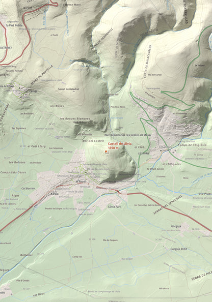 Mapa de relieve de Castell de Llívia, 1358 m, Cerdanya, lámina 100 Cims de Trobart. Detalle de la zona central. 70 × 100 cm.