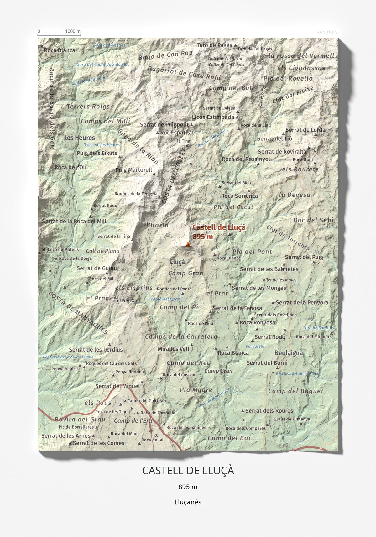 Mapa de relieve de Castell de Lluçà, 895 m, Lluçanès, lámina 100 Cims de Trobart 21 × 30 cm.
