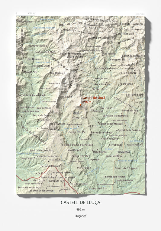 Mapa de relieve de Castell de Lluçà, 895 m, Lluçanès, lámina 100 Cims de Trobart 21 × 30 cm.