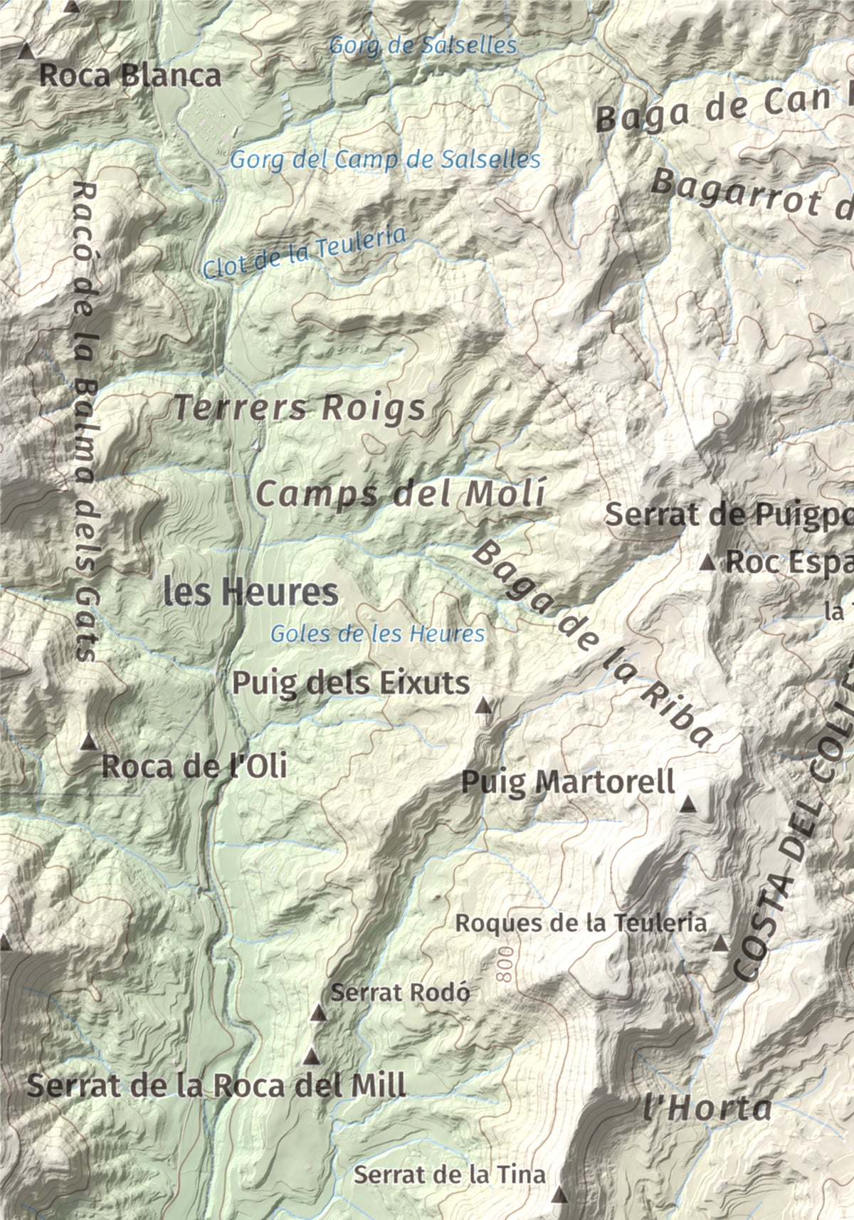 Mapa de relieve de Castell de Lluçà, 895 m, Lluçanès, lámina 100 Cims de Trobart. Detalle de la zona superior izquierda. 21 × 30 cm.