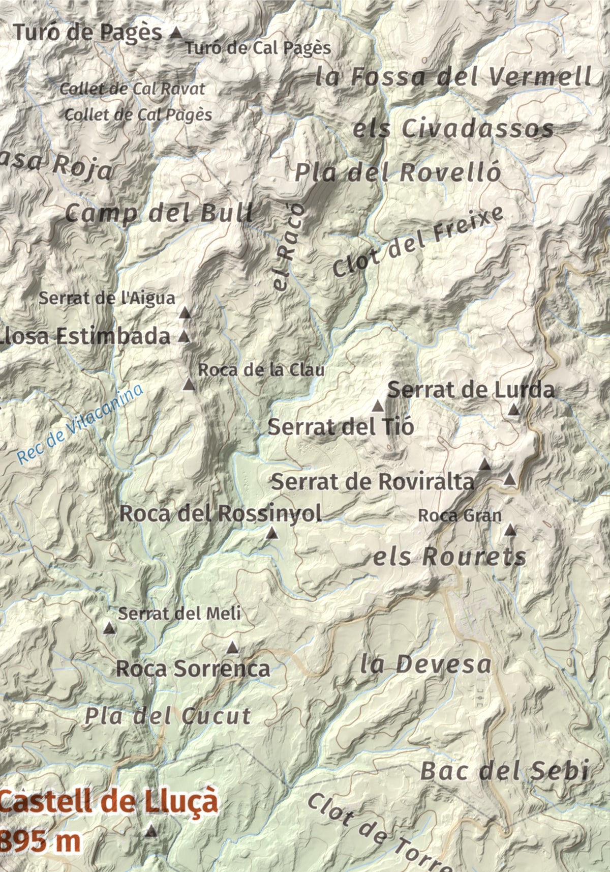 Mapa de relieve de Castell de Lluçà, 895 m, Lluçanès, lámina 100 Cims de Trobart. Detalle de la zona superior derecha. 21 × 30 cm.