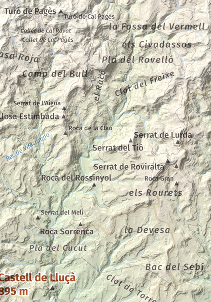 Mapa de relieve de Castell de Lluçà, 895 m, Lluçanès, lámina 100 Cims de Trobart. Detalle de la zona superior derecha. 21 × 30 cm.