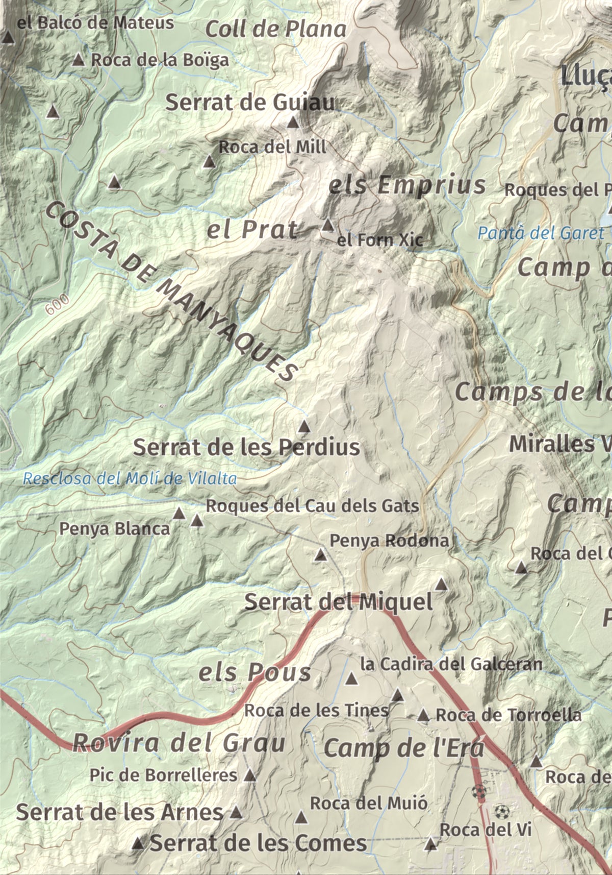 Mapa de relieve de Castell de Lluçà, 895 m, Lluçanès, lámina 100 Cims de Trobart. Detalle de la zona inferior izquierda. 21 × 30 cm.