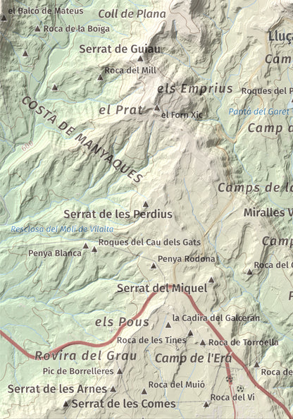 Mapa de relieve de Castell de Lluçà, 895 m, Lluçanès, lámina 100 Cims de Trobart. Detalle de la zona inferior izquierda. 21 × 30 cm.