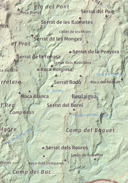 Mapa de relieve de Castell de Lluçà, 895 m, Lluçanès, lámina 100 Cims de Trobart. Detalle de la zona inferior derecha. 21 × 30 cm.