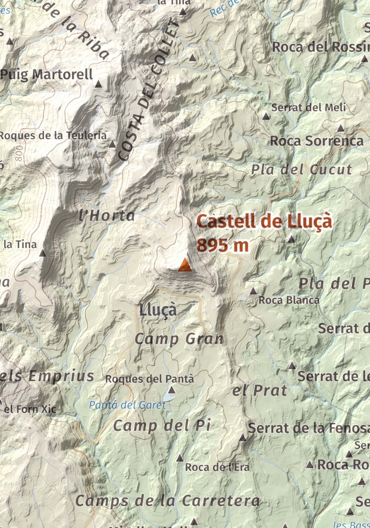 Mapa de relieve de Castell de Lluçà, 895 m, Lluçanès, lámina 100 Cims de Trobart. Detalle de la zona central. 21 × 30 cm.