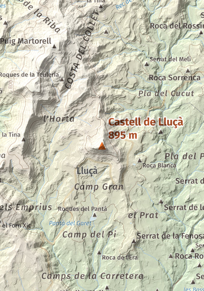 Mapa de relieve de Castell de Lluçà, 895 m, Lluçanès, lámina 100 Cims de Trobart. Detalle de la zona central. 21 × 30 cm.