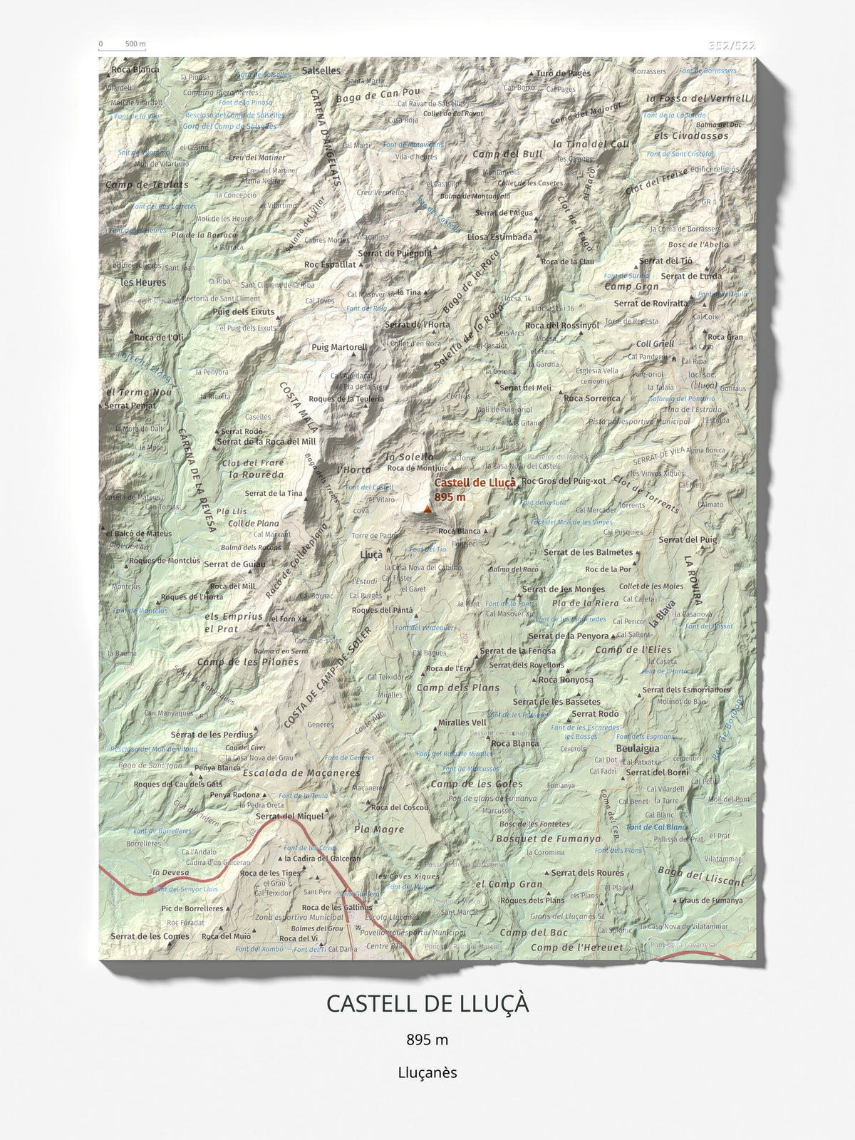 Mapa de relieve de Castell de Lluçà, 895 m, Lluçanès, lámina 100 Cims de Trobart 30 × 40 cm.