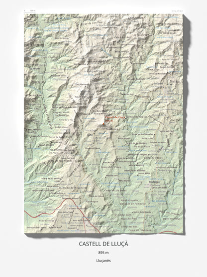 Mapa de relieve de Castell de Lluçà, 895 m, Lluçanès, lámina 100 Cims de Trobart 30 × 40 cm.