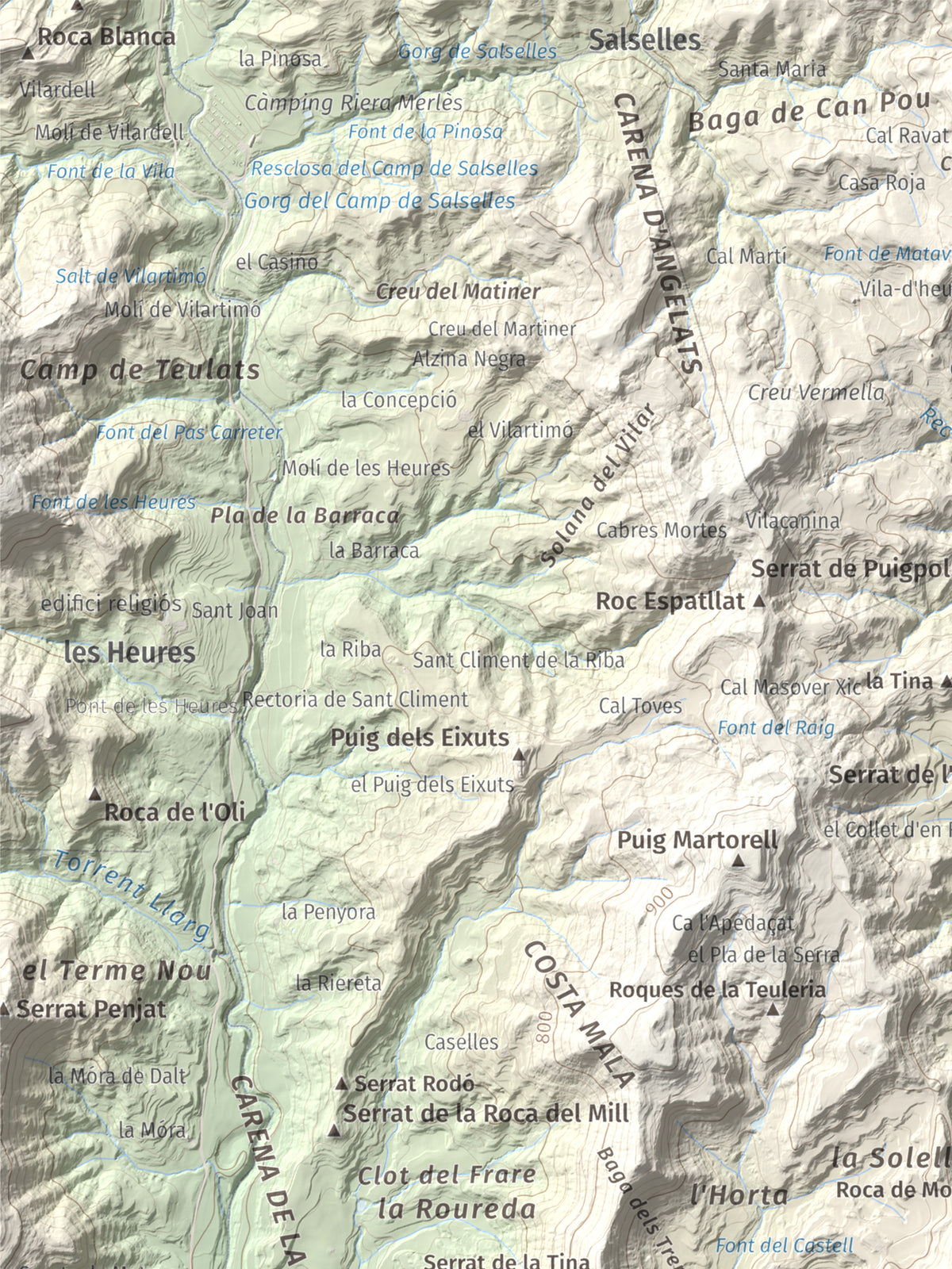 Mapa de relieve de Castell de Lluçà, 895 m, Lluçanès, lámina 100 Cims de Trobart. Detalle de la zona superior izquierda. 30 × 40 cm.