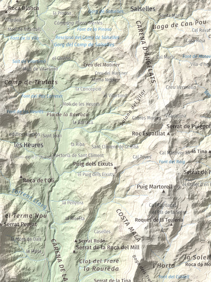 Mapa de relieve de Castell de Lluçà, 895 m, Lluçanès, lámina 100 Cims de Trobart. Detalle de la zona superior izquierda. 30 × 40 cm.