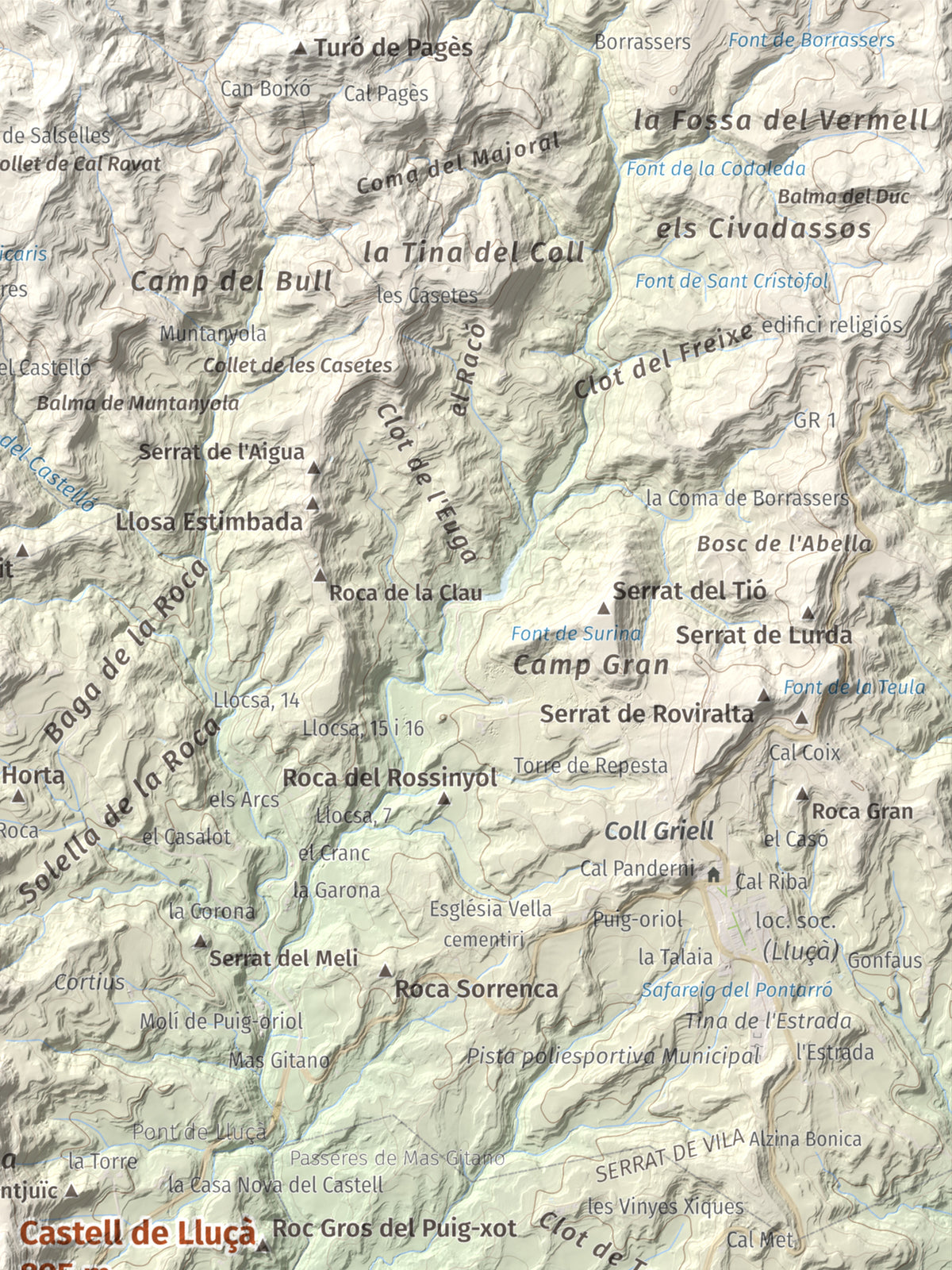 Mapa de relieve de Castell de Lluçà, 895 m, Lluçanès, lámina 100 Cims de Trobart. Detalle de la zona superior derecha. 30 × 40 cm.