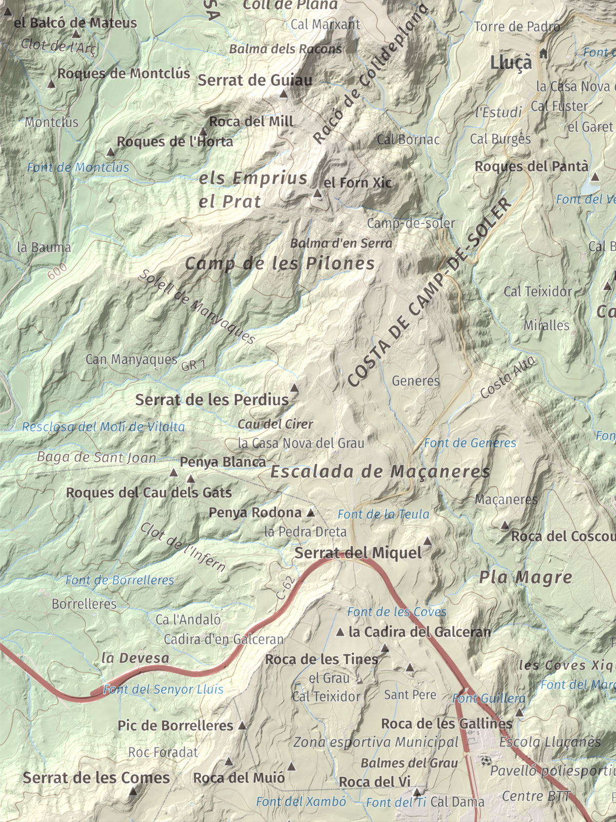Mapa de relieve de Castell de Lluçà, 895 m, Lluçanès, lámina 100 Cims de Trobart. Detalle de la zona inferior izquierda. 30 × 40 cm.