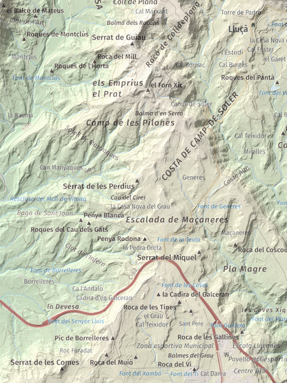 Mapa de relieve de Castell de Lluçà, 895 m, Lluçanès, lámina 100 Cims de Trobart. Detalle de la zona inferior izquierda. 30 × 40 cm.