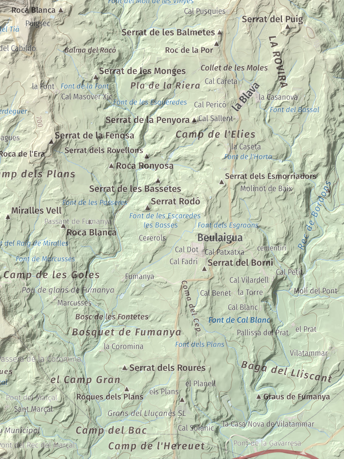 Mapa de relieve de Castell de Lluçà, 895 m, Lluçanès, lámina 100 Cims de Trobart. Detalle de la zona inferior derecha. 30 × 40 cm.