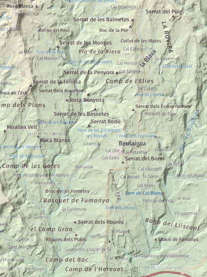 Mapa de relieve de Castell de Lluçà, 895 m, Lluçanès, lámina 100 Cims de Trobart. Detalle de la zona inferior derecha. 30 × 40 cm.