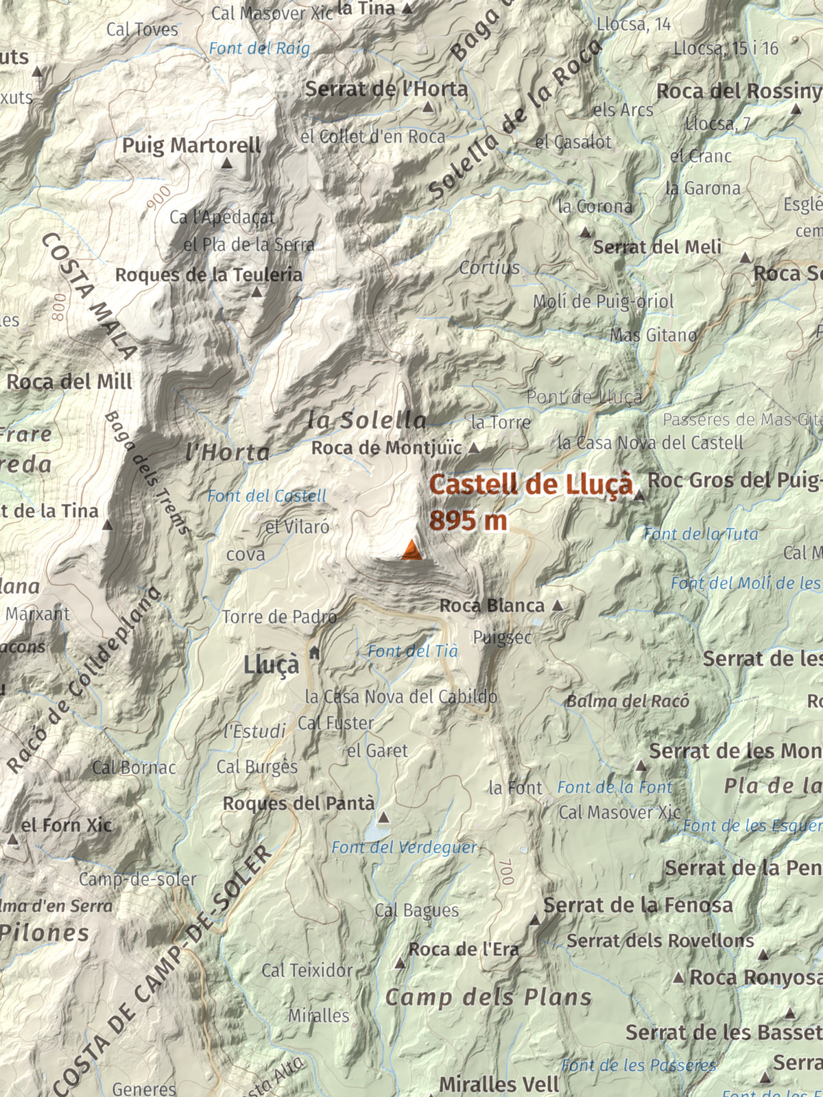 Mapa de relieve de Castell de Lluçà, 895 m, Lluçanès, lámina 100 Cims de Trobart. Detalle de la zona central. 30 × 40 cm.