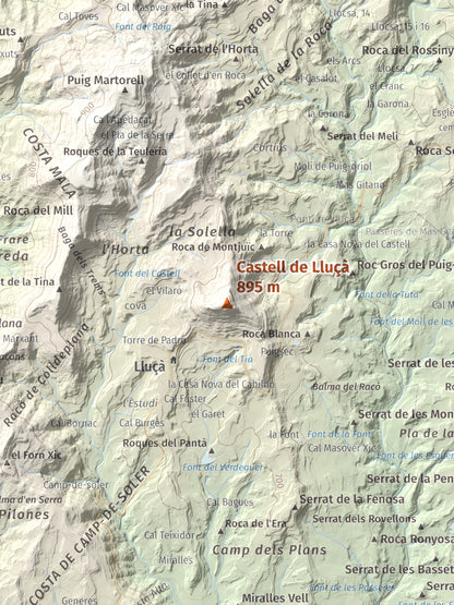 Mapa de relieve de Castell de Lluçà, 895 m, Lluçanès, lámina 100 Cims de Trobart. Detalle de la zona central. 30 × 40 cm.